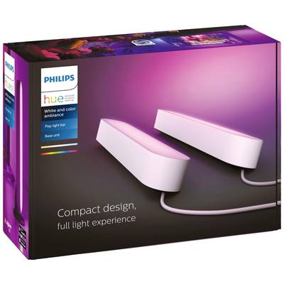 'Philips Hue' Play Lightbar-Verpackung mit Bild von zwei rosa leuchtenden Lichtleisten und Text 'Compact design, full light experience'.