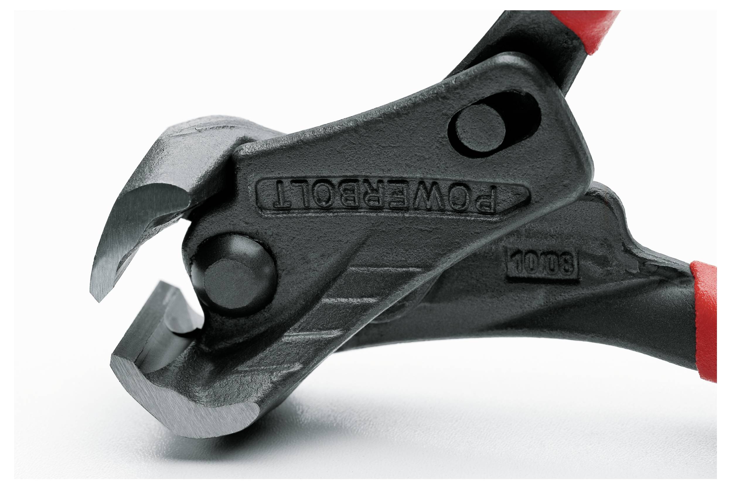 Nahaufnahme eines schwarzen und roten Bolzenschneiders mit dem Wort 'POWERBOLT' auf der Klinge eingraviert. Die Metallkiefer wirken scharf und robust.