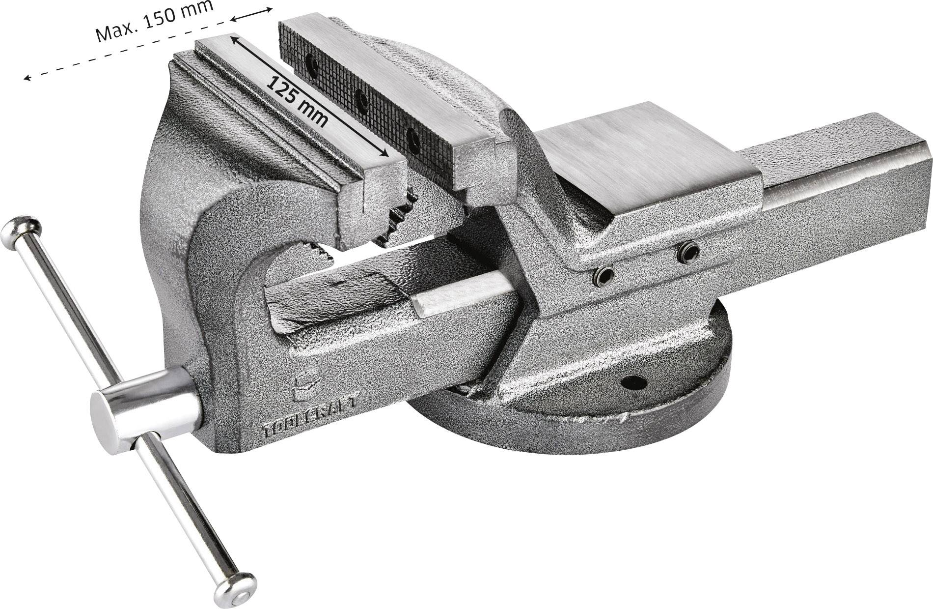 Ein Schraubstock aus Metall mit maximaler Öffnung von 150 mm und einer Backenbreite von 125 mm, auf einer stabilen Basis montiert.