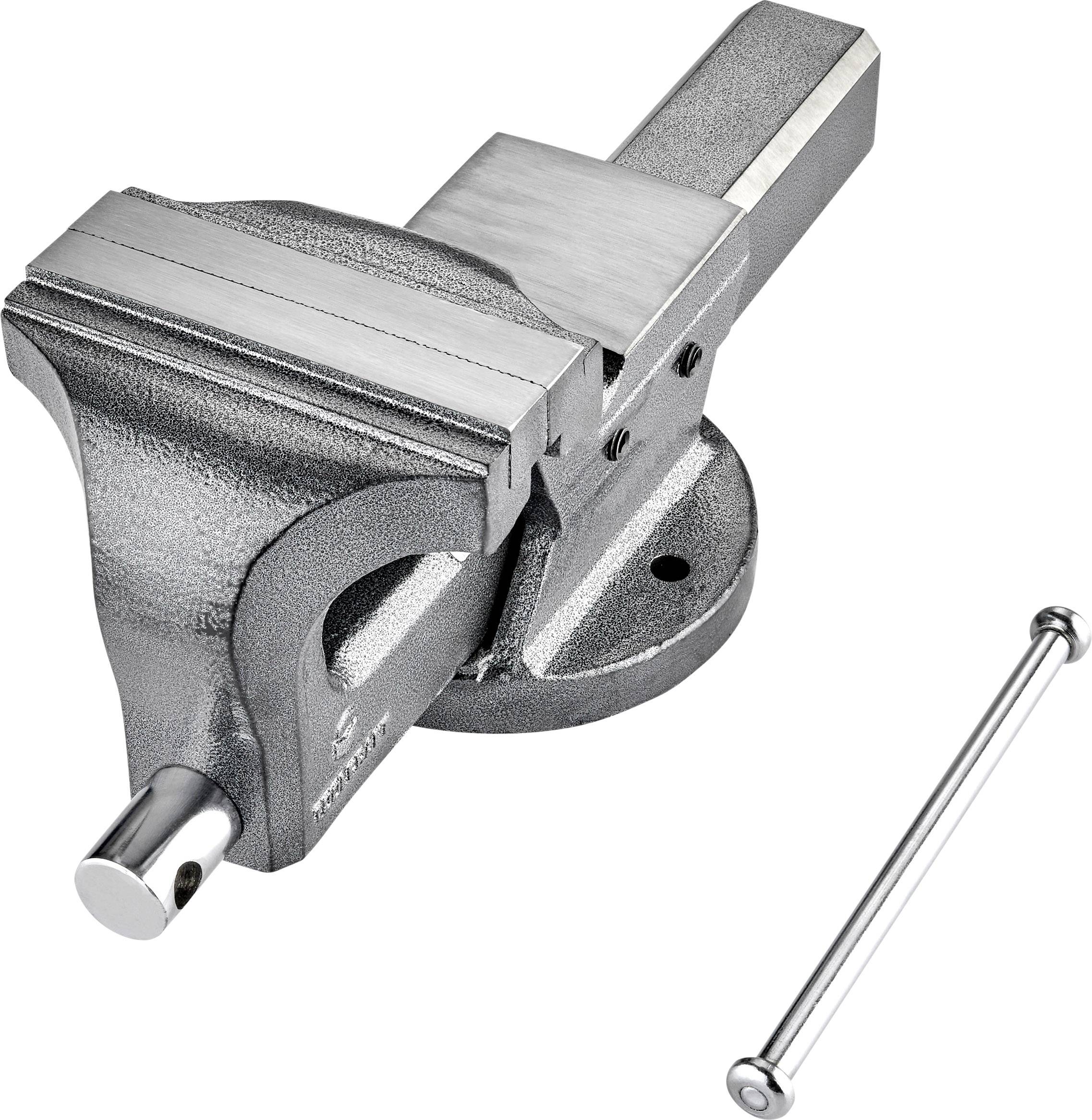 Eine graue Werkbank-Schraubzwinge aus Metall mit einer runden Basis und einem Griff zur Einstellung der Backen.