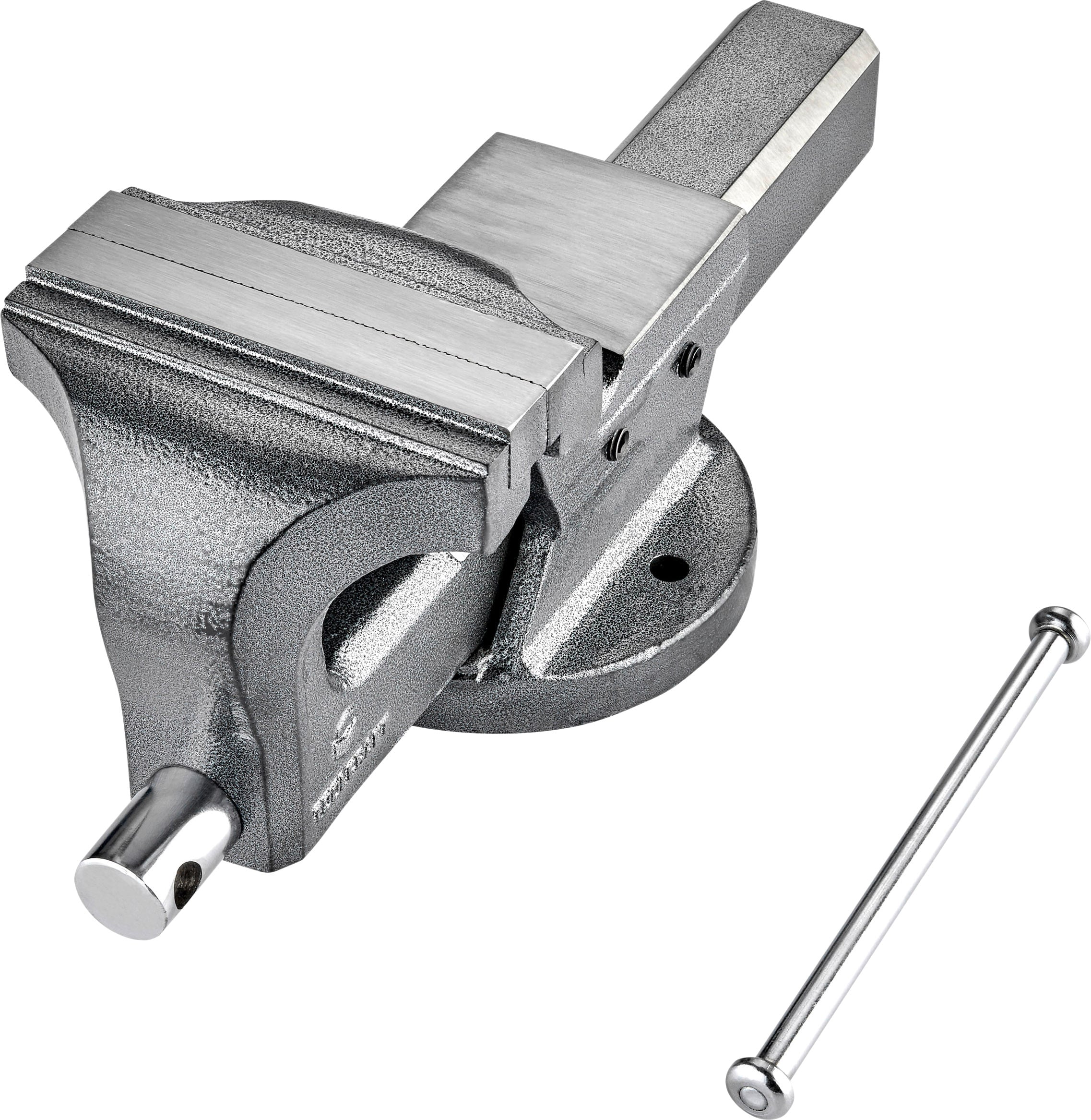 Eine graue Werkbank-Schraubzwinge aus Metall mit einer runden Basis und einem Griff zur Einstellung der Backen.