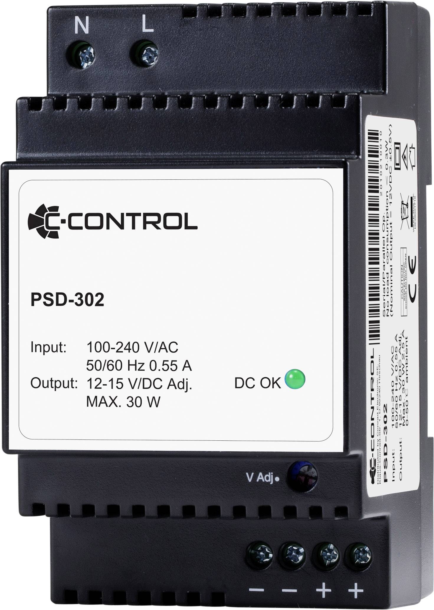 C-Control PSD-302 Hutschienen-Netzteil (DIN-Rail) Verbrauch (StandBy) 0.3 W 12 V/DC 2.5 A 30 W Anzahl Ausgänge:1 x Inhal-3