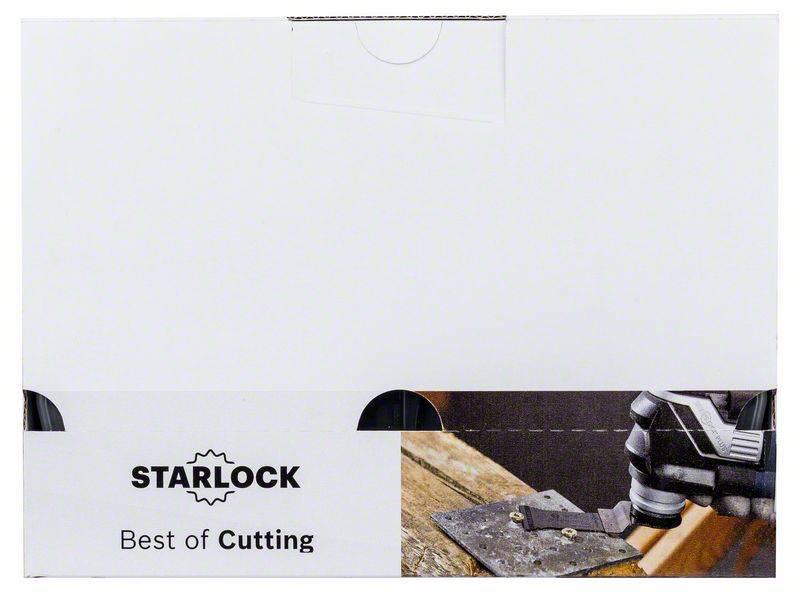 Ein Werkzeug schneidet Metall. Aufschrift: 'STARLOCK Best of Cutting'. Werkzeug auf Holztisch mit Metallplatte.