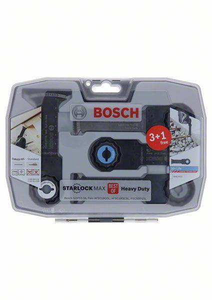 Bosch oszillierendes Werkzeugzubehör-Set in Kunststoffbox, 3+1 Teile, Starlock Max Serie, für schwere Anwendungen geeignet.