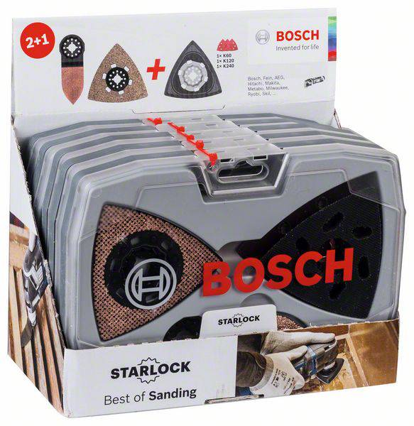 Ein Bosch Starlock Schleifset mit verschiedenen Schleifaufsätzen in einer grauen Packung. Auf der Verpackung steht 'Best of Sanding'.