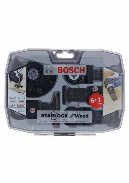'Bosch' Starlock-Set mit Holz-Sägeblättern und Zubehör in einer transparenten Kunststoffverpackung. Enthält sechs Teile plus eines gratis.