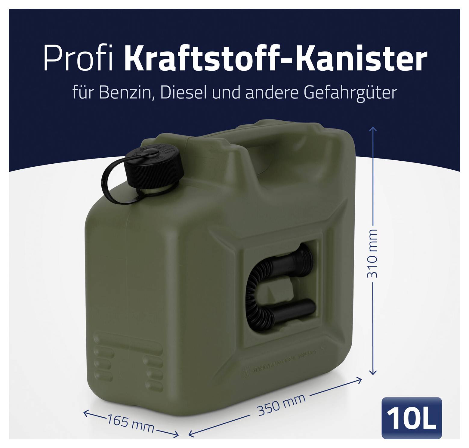 'Profi Kraftstoff-Kanister, 10L, für Benzin, Diesel und andere Gefahrgüter. Maße: 165mm x 350mm x 310mm.'