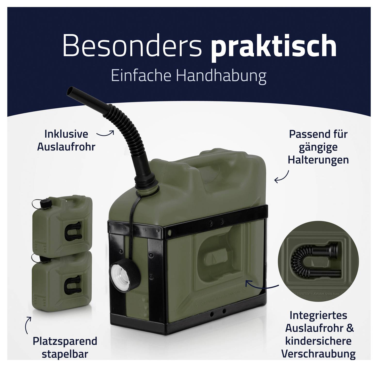 'Ein grüner Kanister mit Auslaufrohr und kindersicherer Verschraubung, platzsparend stapelbar, passend für gängige Halterungen.'