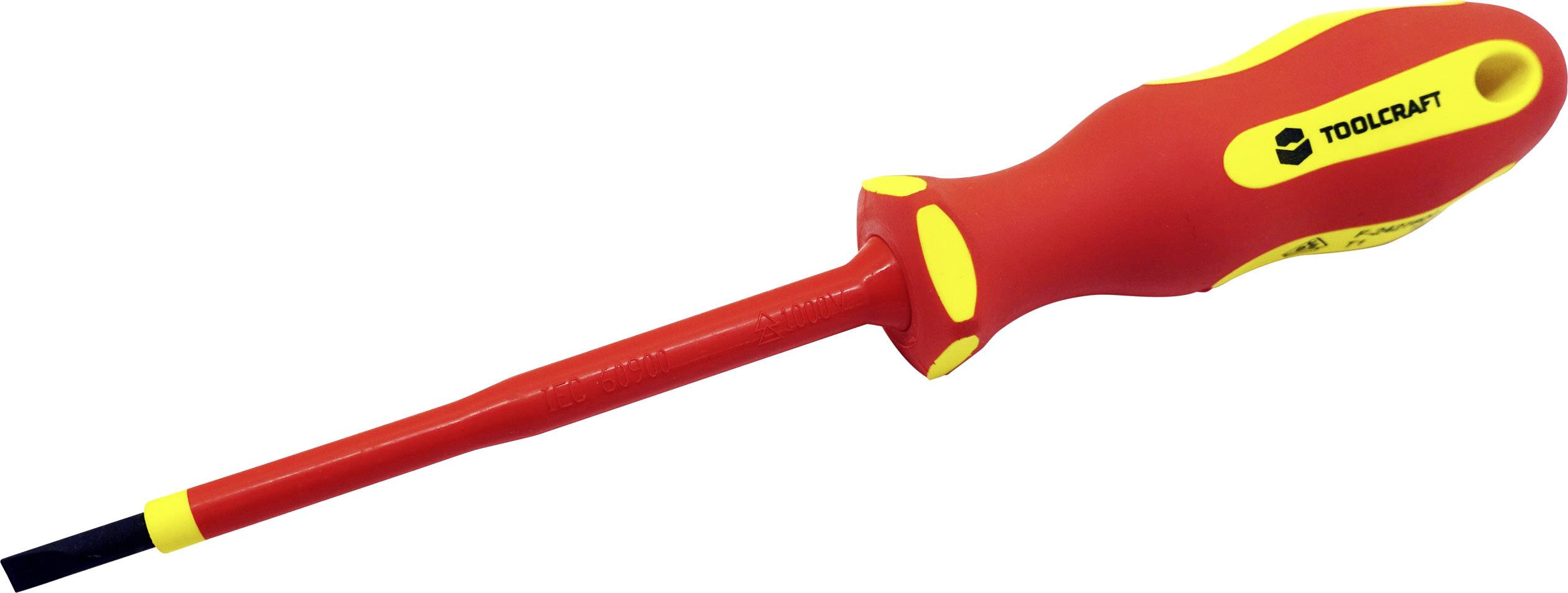 Ein rot-gelber Schraubenzieher mit flachem Kopf, geeignet für elektrische Arbeiten.