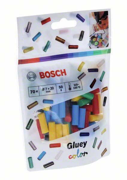 Beutel mit bunten Heißklebesticks der Marke Bosch, Modell 'Gluey Color', 70 Stück, 7 x 20 mm, optimal für kreative Bastelprojekte.