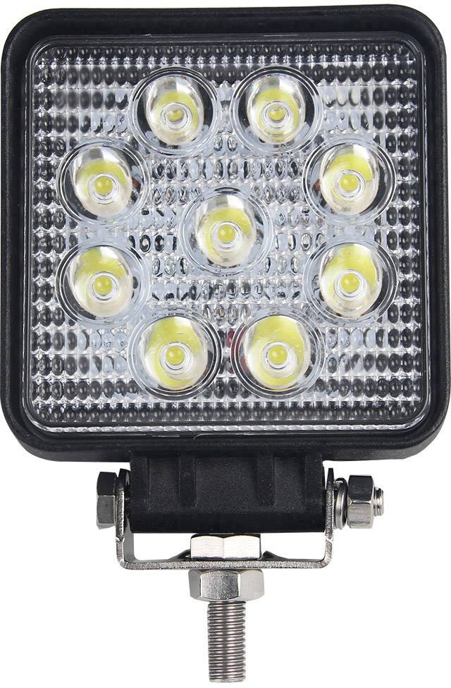 Quadratischer LED-Arbeitsscheinwerfer mit neun einzelnen LEDs auf reflektierender Oberfläche, montiert auf einem Metallhalter.