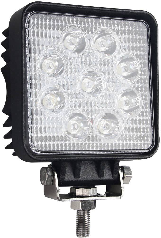Ein quadratischer LED-Strahler mit neun runden Linsen in einem Gittermuster, montiert auf einem schwarzen Metallhalter mit Schraubbefestigung.