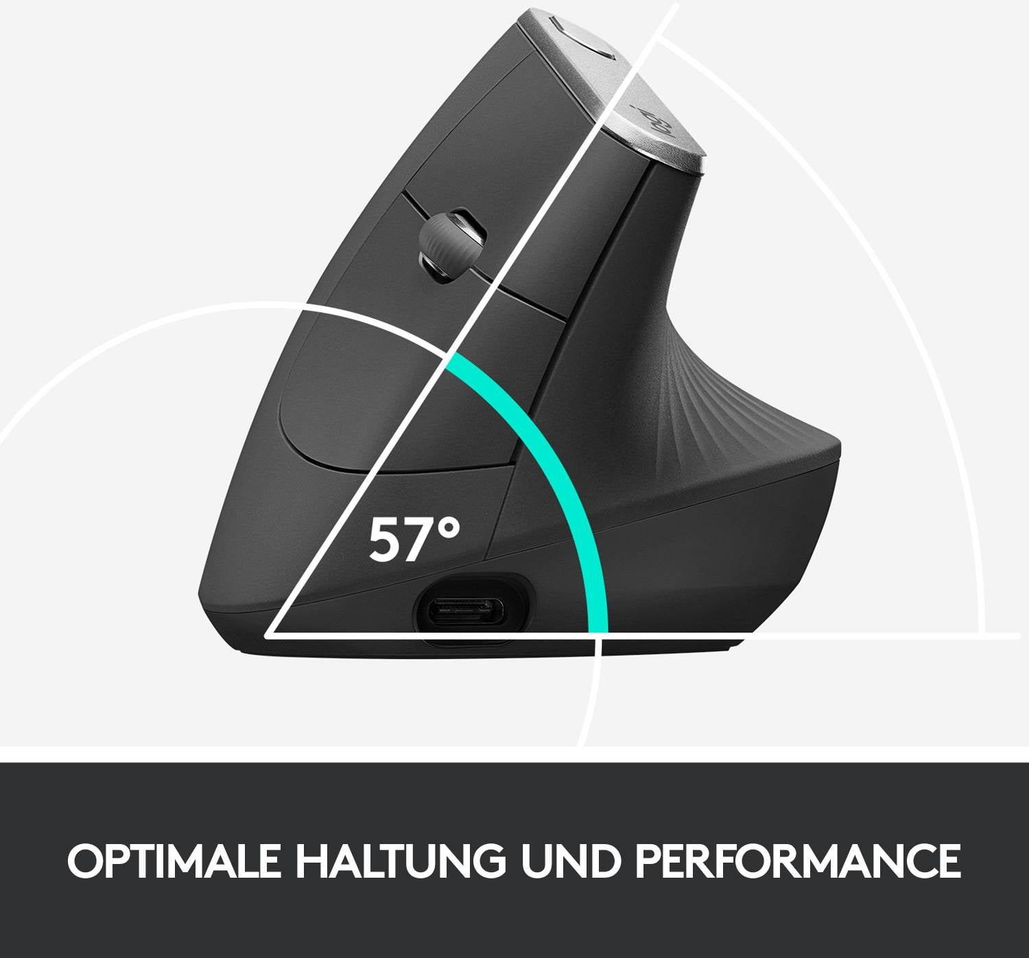 Ergonomische Maus mit vertikalem Design in 57°-Winkel, fördert optimale Handhaltung und Leistung.