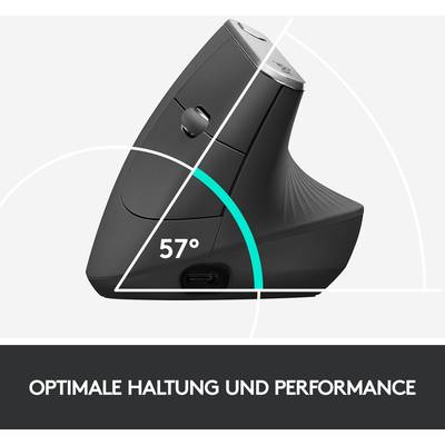 Ergonomische Maus mit vertikalem Design in 57°-Winkel, fördert optimale Handhaltung und Leistung.