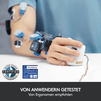 Jemand testet ein ergonomisches Gerät. Der Text zeigt: 'Von Anwendern getestet.' Siegel von FIRA und AGR sichtbar.