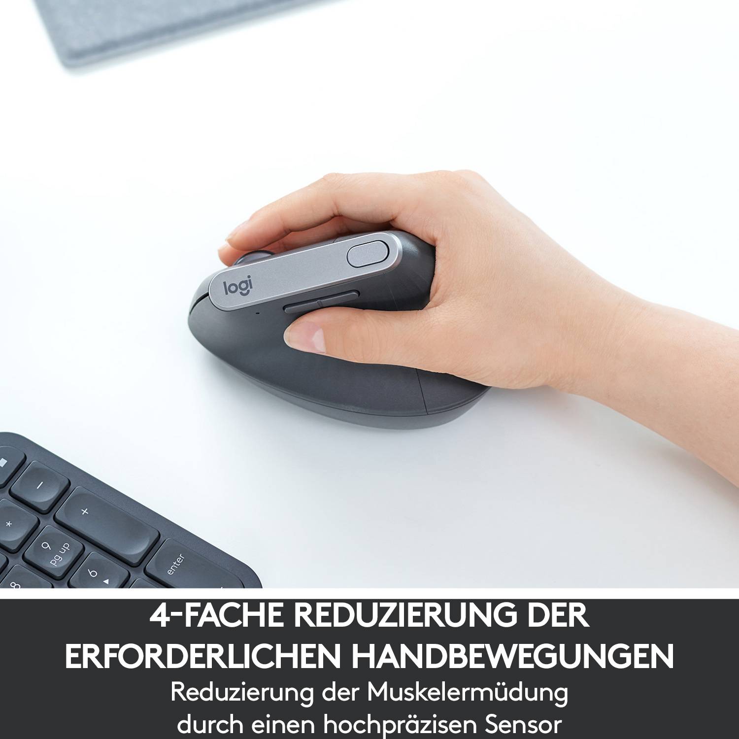 Eine Hand bedient eine ergonomische Computermaus. Darunter steht: '4-fache Reduzierung der erforderlichen Handbewegungen'.