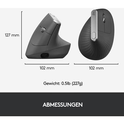 'Abmessungen' einer ergonomischen Maus: Höhe 127 mm, Breite 102 mm. Gewicht: 0,5 lb (227 g). Seitenansicht und Rückansicht gezeigt.