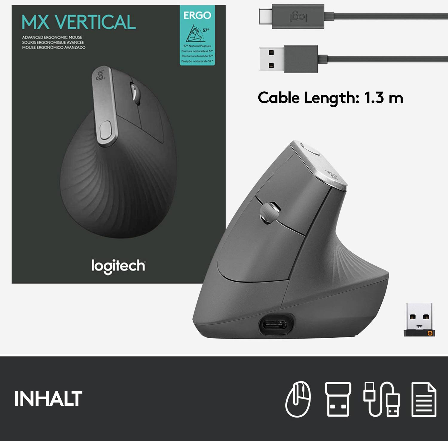 'Logitech MX Vertical' ergonomische Maus, stromlinienförmiges Design, wiederaufladbar, USB-C, kabellänges 1,3 m, mit USB-Receiver.