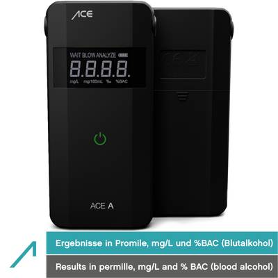 Ein schwarzes Alkoholmessgerät ACE A zeigt Ergebnisse in Promille, mg/L und %BAC auf einem digitalen Display an vorderer Seite.