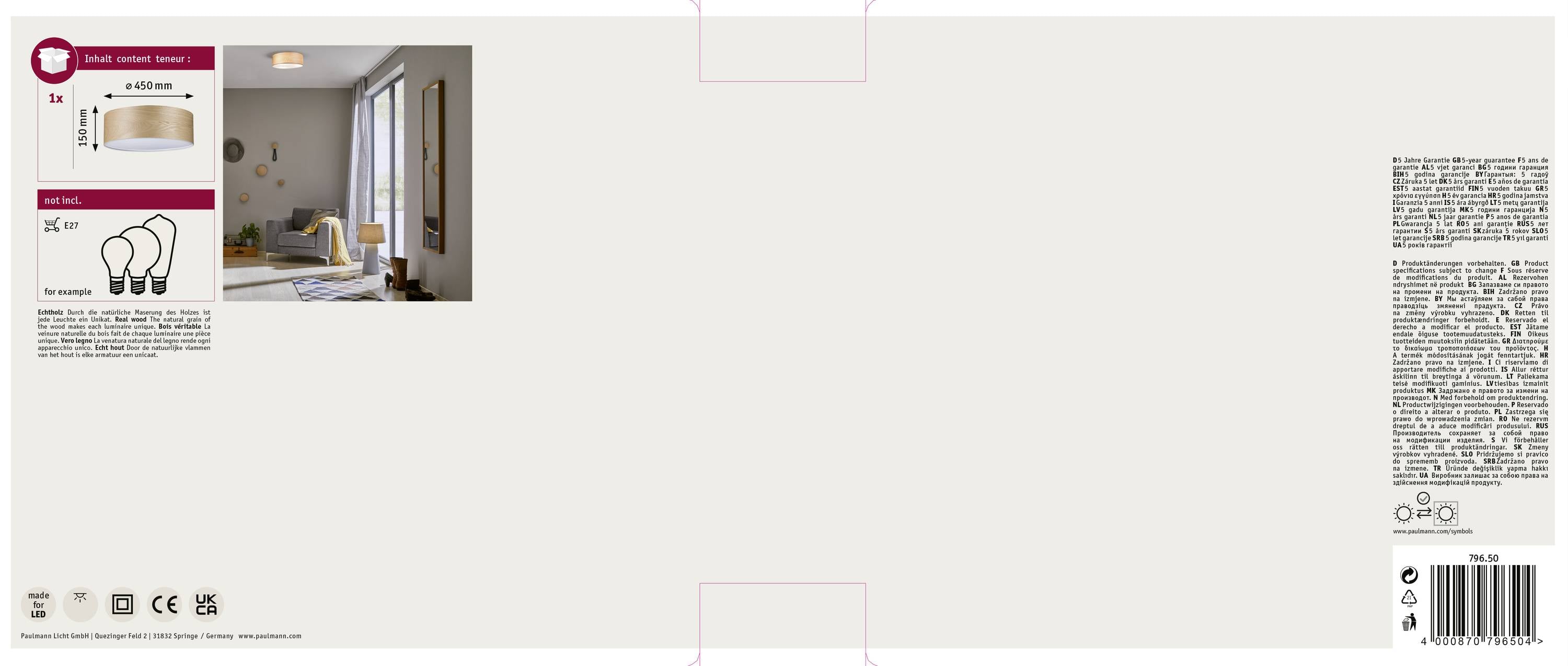 Beige Verpackung mit Abbildungen einer LED-Deckenleuchte, technischer Zeichnung und einem Wohnzimmer. Schrift informiert über Produktdetails.