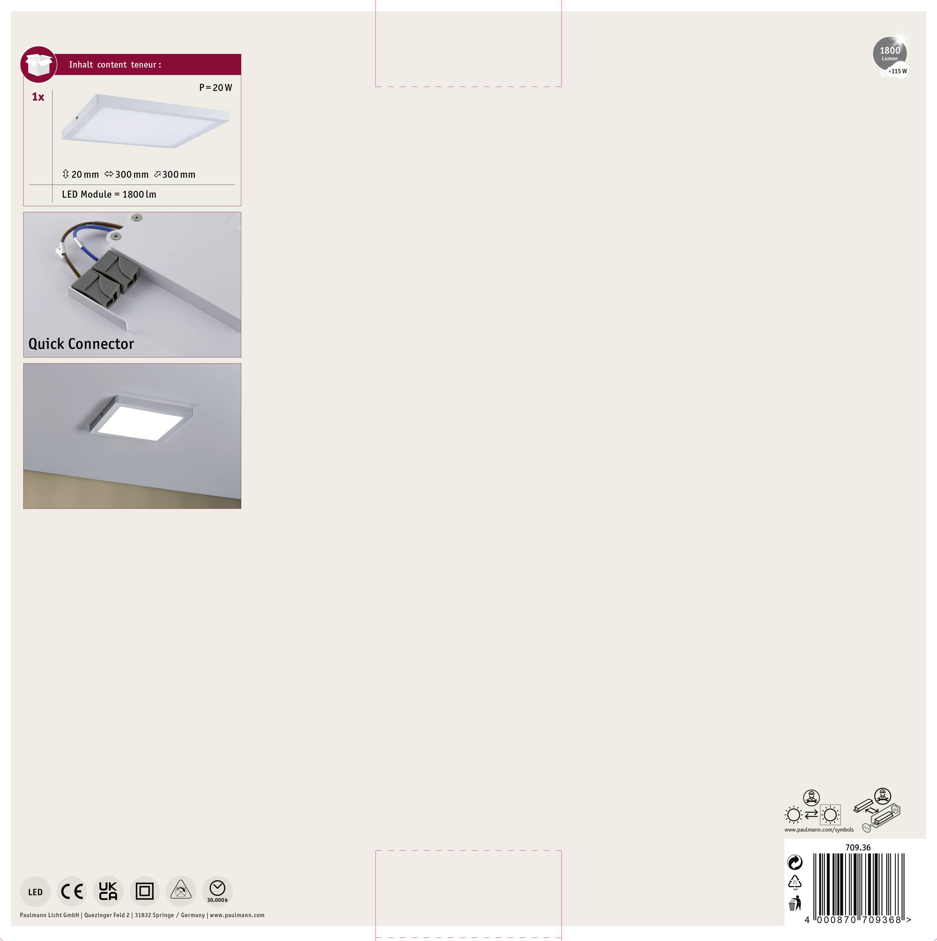 Verpackungsrückseite für LED-Lampe. Zeigt Produktbild, Größe (120mm x 300mm x 300mm), 'Quick Connector', Lichtfarbe 3000 K.