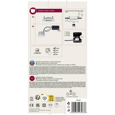 'Verpackung eines LED-Deckenstrahlers: Beinhaltet 3 Lampen, Montagedetails und Diagramme zur Aufstellung. Warnhinweise beinhalten für Innenräume geeignet.'