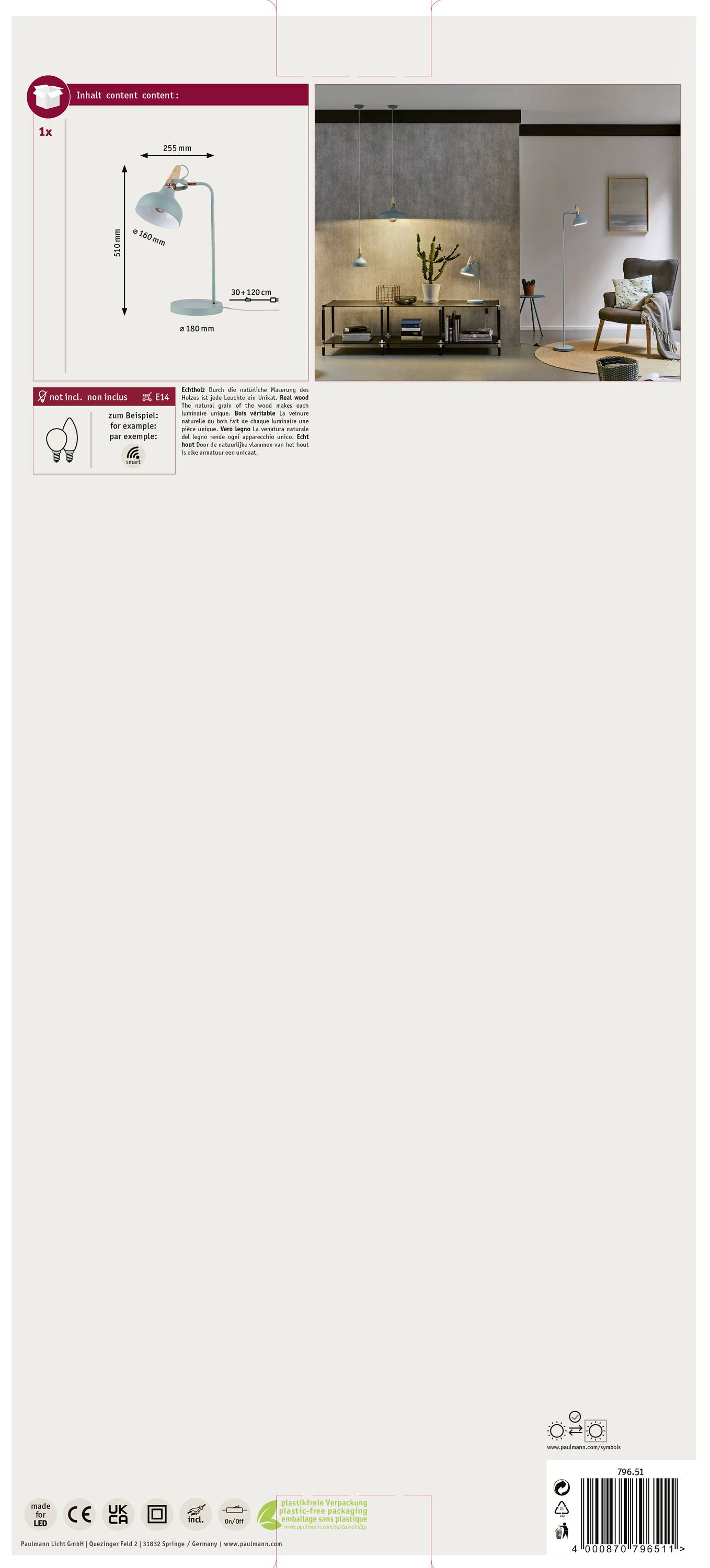 Eine Stehlampe mit grauem Schirm ist in einem modernen Wohnzimmer platziert. Daneben sind Maße und technische Daten der Lampe angegeben.