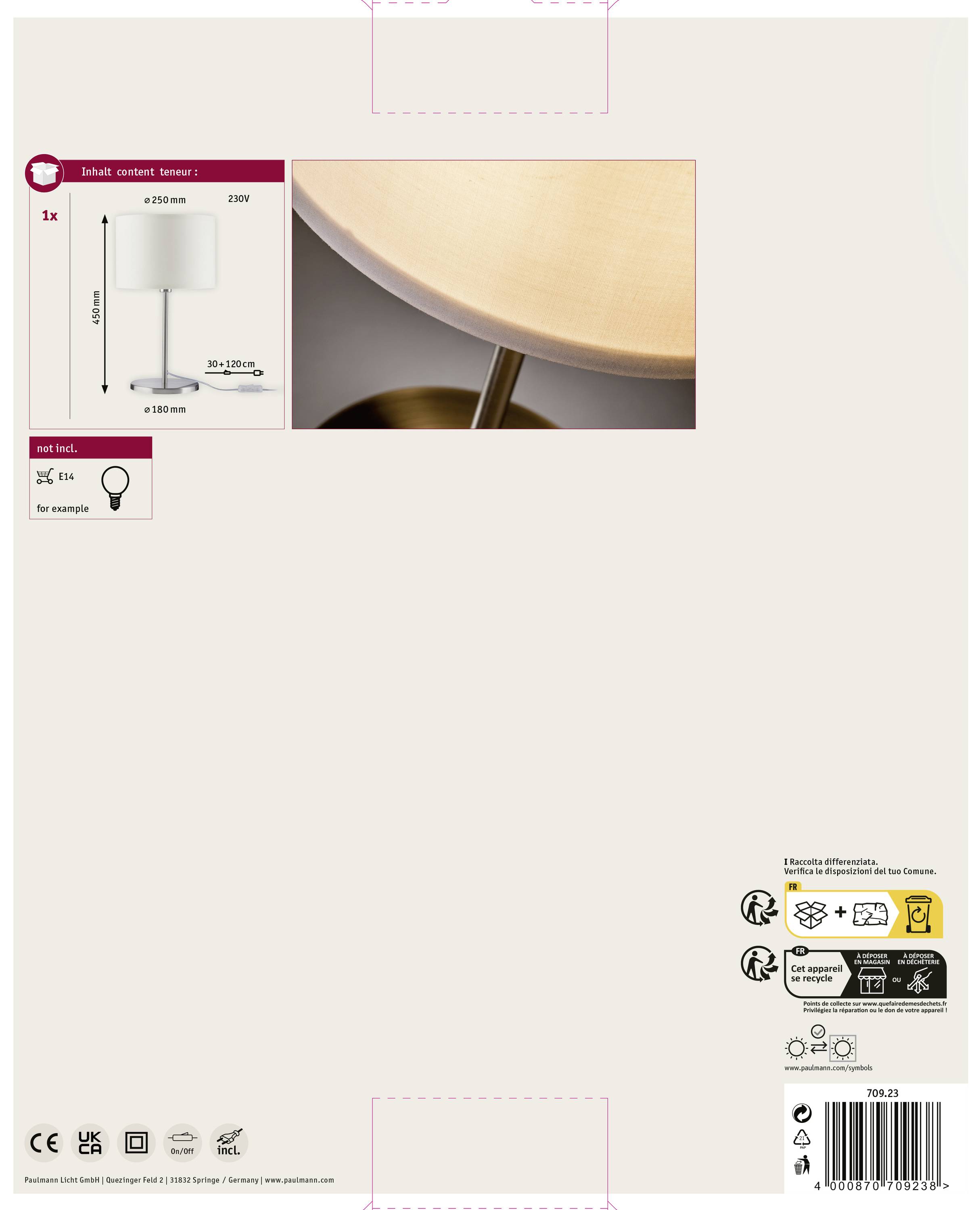 Ein Tisch mit runder Holzplatte, daneben eine Hängeleuchte mit weißem Schirm, beleuchtet. Information zur Glühbirne: E14, max. 25W.