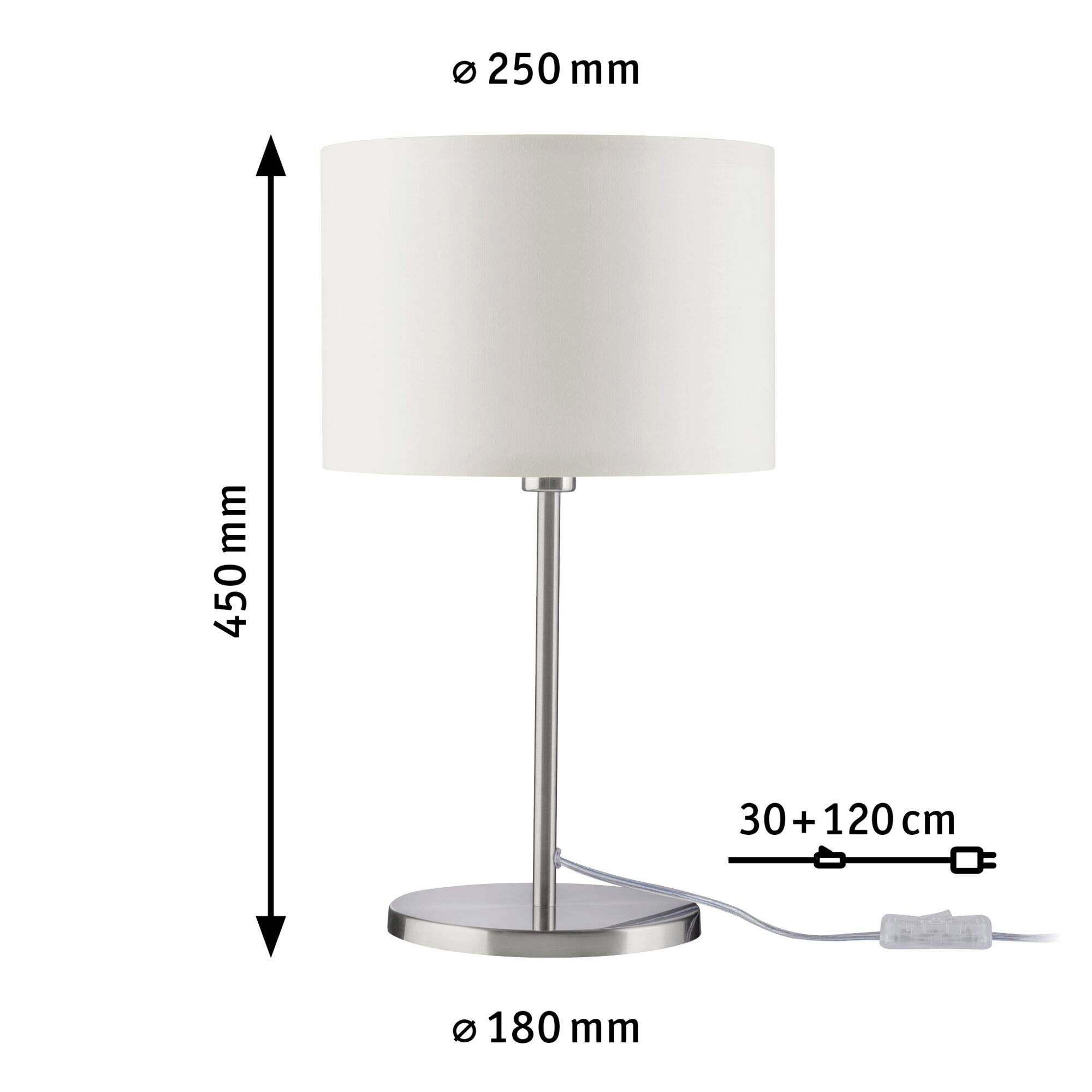 Tischlampe mit weißem Schirm, Höhe 450 mm, Schirmdurchmesser 250 mm, Fußdurchmesser 180 mm. Kabel 30+120 cm lang.