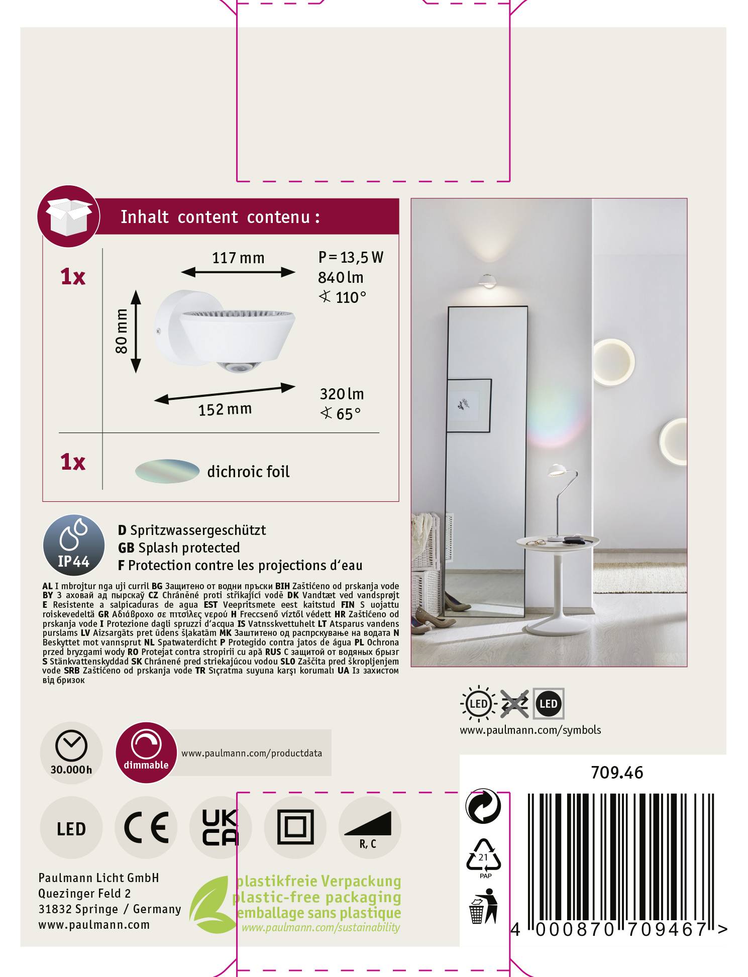 Eine Produktverpackung für eine LED-Leuchte zeigt Details zur Lampe mit Piktogrammen, technischen Daten und einem Wohnzimmerfoto als Anwendungsbeispiel.
