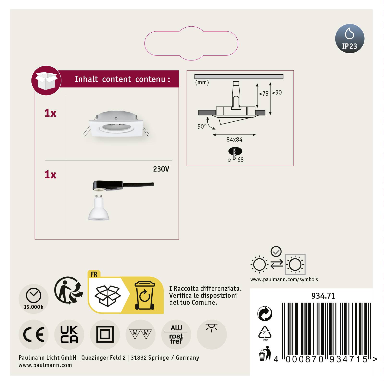 'Verpackung von Paulmann: Inhalt zeigt eine Deckenleuchte (230V), Quadrat 75 mm x 90 mm. Enthält technische Symbole und Montageanleitung.'