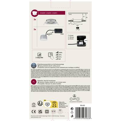 Verpackungsetikett mit Produktabbildung. Zeigt ein Deckenbeleuchtungsset mit Einbauanleitung und technischen Details wie Maße und Stromanschluss. Enthält Symbole für Installation und Sicherheitsstandards.