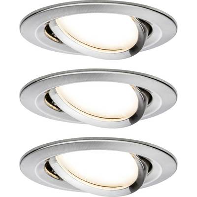 Drei runde, silberne LED-Deckenspots mit einstellbarer Neigung, leuchten sanft. Ideal für flexible Beleuchtung in modernen Räumen.