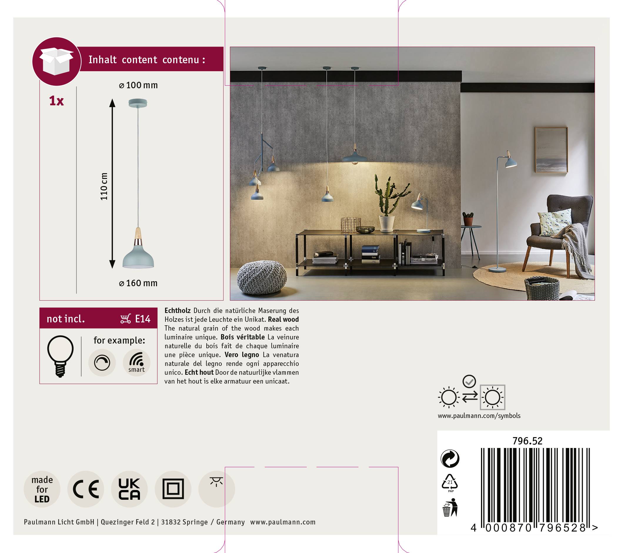 Produktverpackung der 'Padana'-Leuchte mit Abbildung eines Wohnzimmers. Enthält Maße der Lampe (Höhe 110 cm, Durchmesser 16 cm) und E14-Fassung.