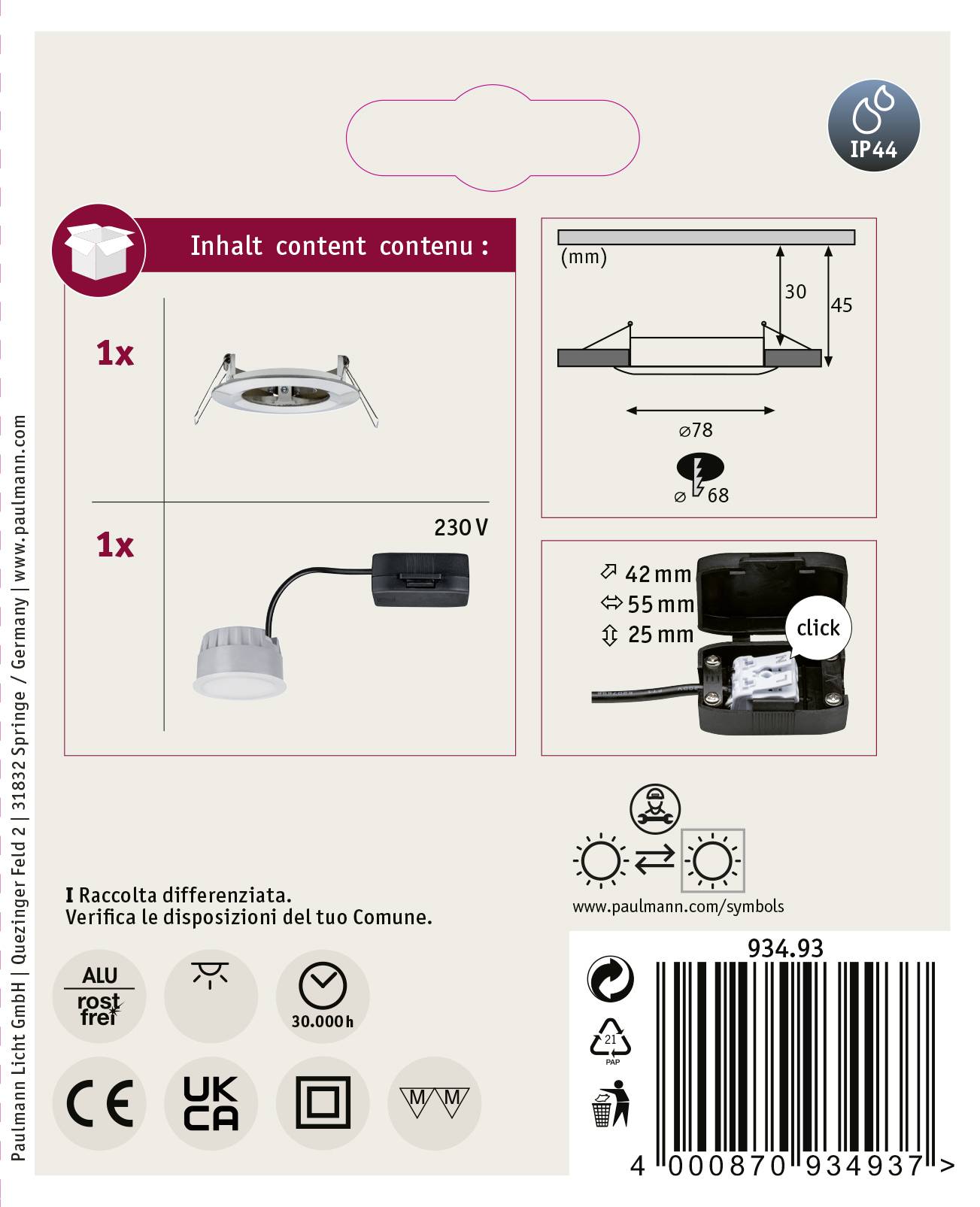 'Einbaustrahler Set IP44, inkl. Spot, 230V Anschluss. Maße: 93mm x 78mm, Höhe: 42mm. Enthält Klammermontageanleitung und Sicherheitssymbole.'