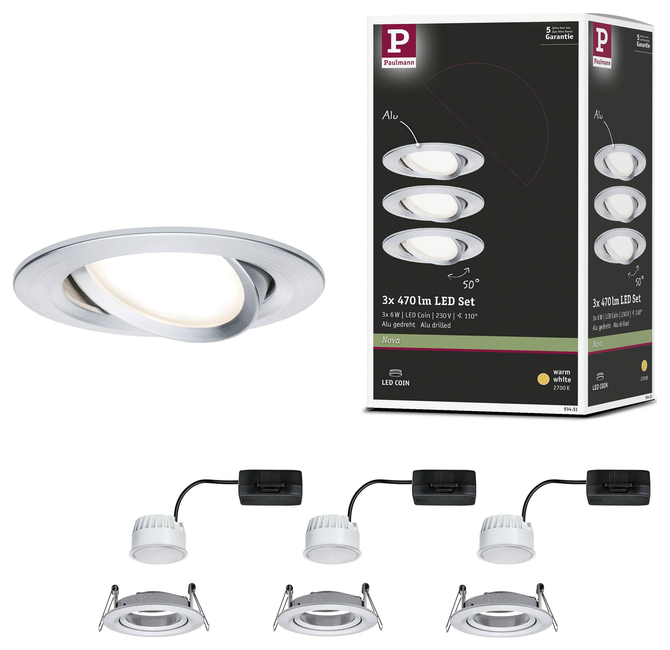 Ein Set von drei runden, dimmbaren LED-Einbaustrahlern in Silber. Auf der Verpackung steht: '3x 470 Lm LED Set', warmweißes Licht.