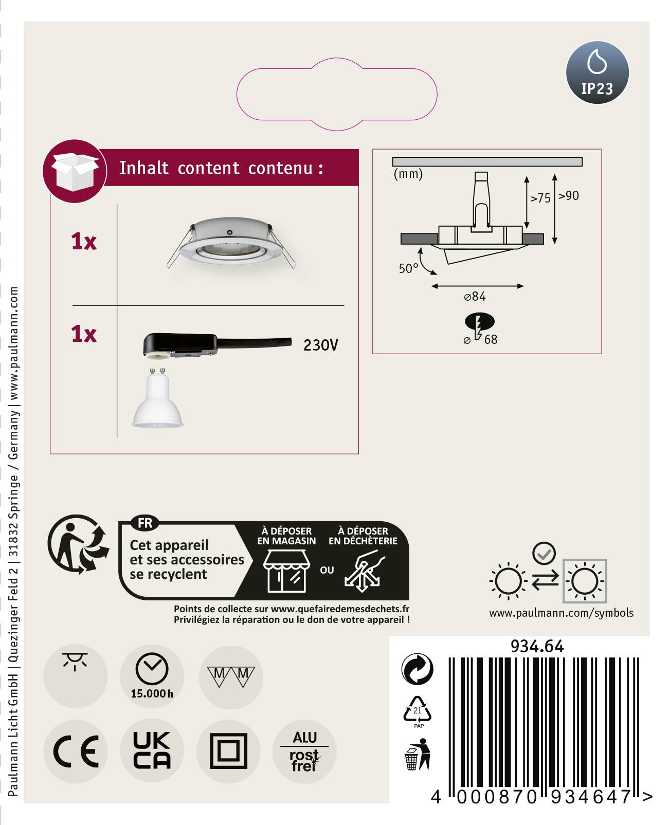 'Paulmann Einbauleuchte Set'; beinhaltet eine runde LED-Lampe und eine 230V Buchse. Enthält technische Spezifikationen und Montageanleitung.