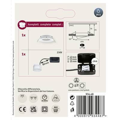 'Set enthält Einbaustrahler, Anschlussbox, Ausstanzung. Maße: Ø 80 mm, Einbautiefe 55 mm. Schutzart IP23.'