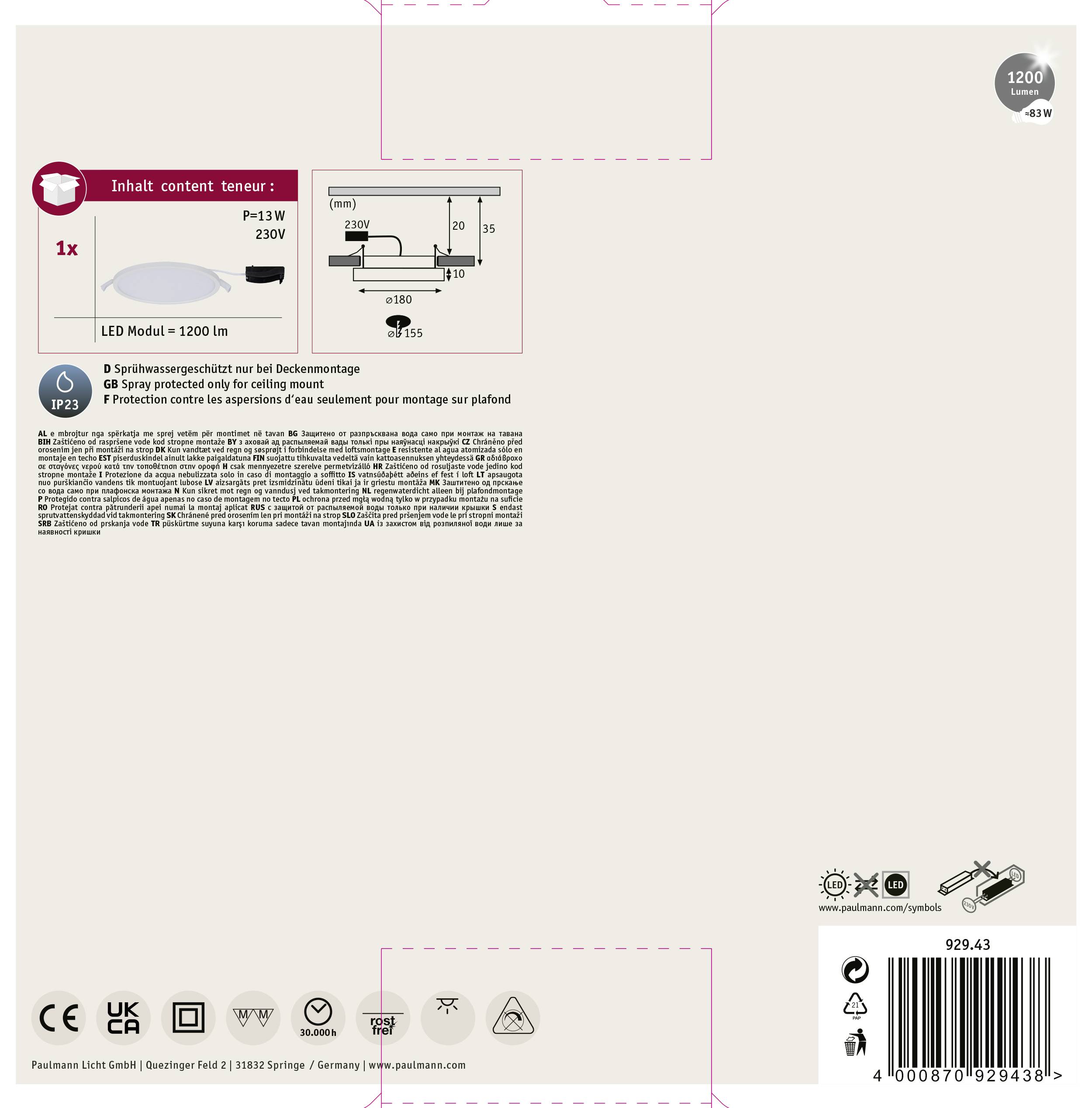 Verpackung einer LED-Leuchte mit 1200 lm, 13 W, für Deckenmontage. Enthält Spezifikationen und Grafiken zur Installation.
