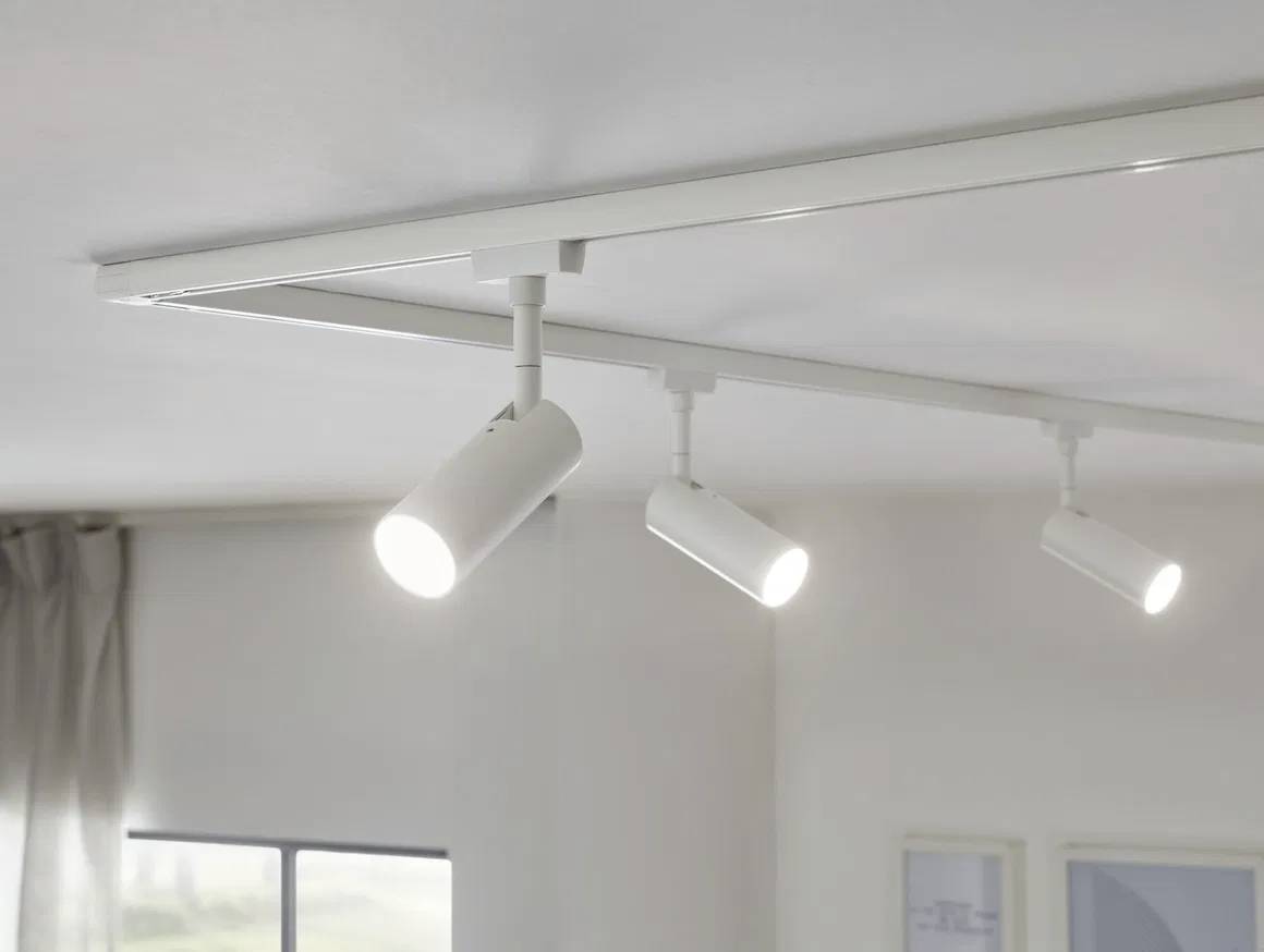 Drei helle LED-Deckenstrahler an einer Schiene, leuchten einen Raum aus. Im Hintergrund sind ein grauer Vorhang und ein Fenster erkennbar.