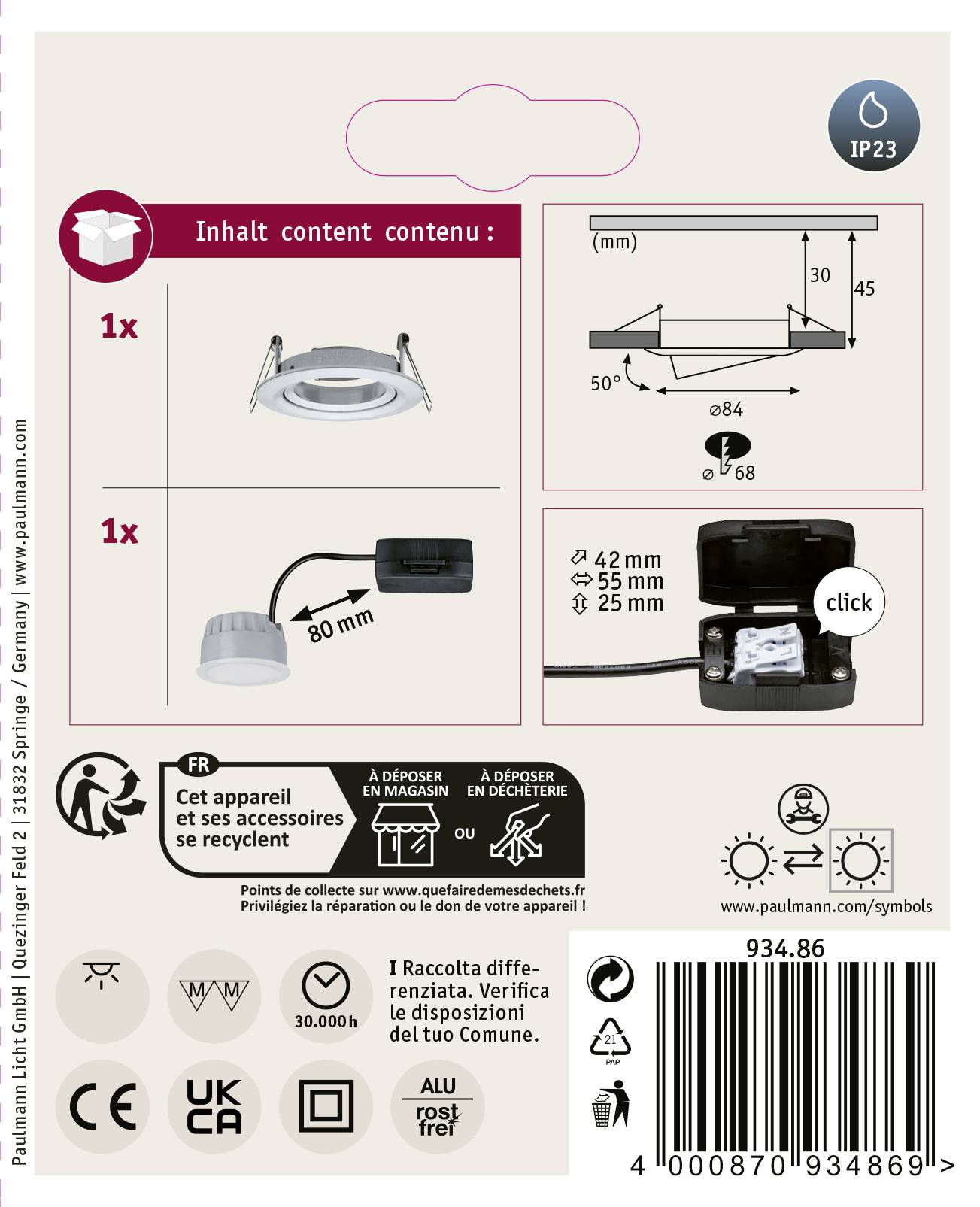'Paulmann Einbauleuchte Set 1x' Packung: Abmessungen, Produktabbildungen, Click-Verbindung erklärt. Sprache: Französisch, Italienisch.