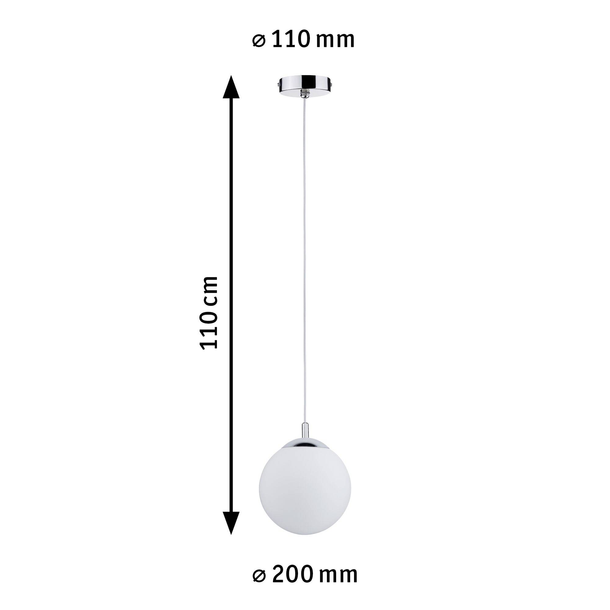 'Hängeleuchte mit kugelförmigem, weißem Schirm, Durchmesser 200 mm. Gesamthöhe 110 cm, Deckenbefestigung 110 mm.'