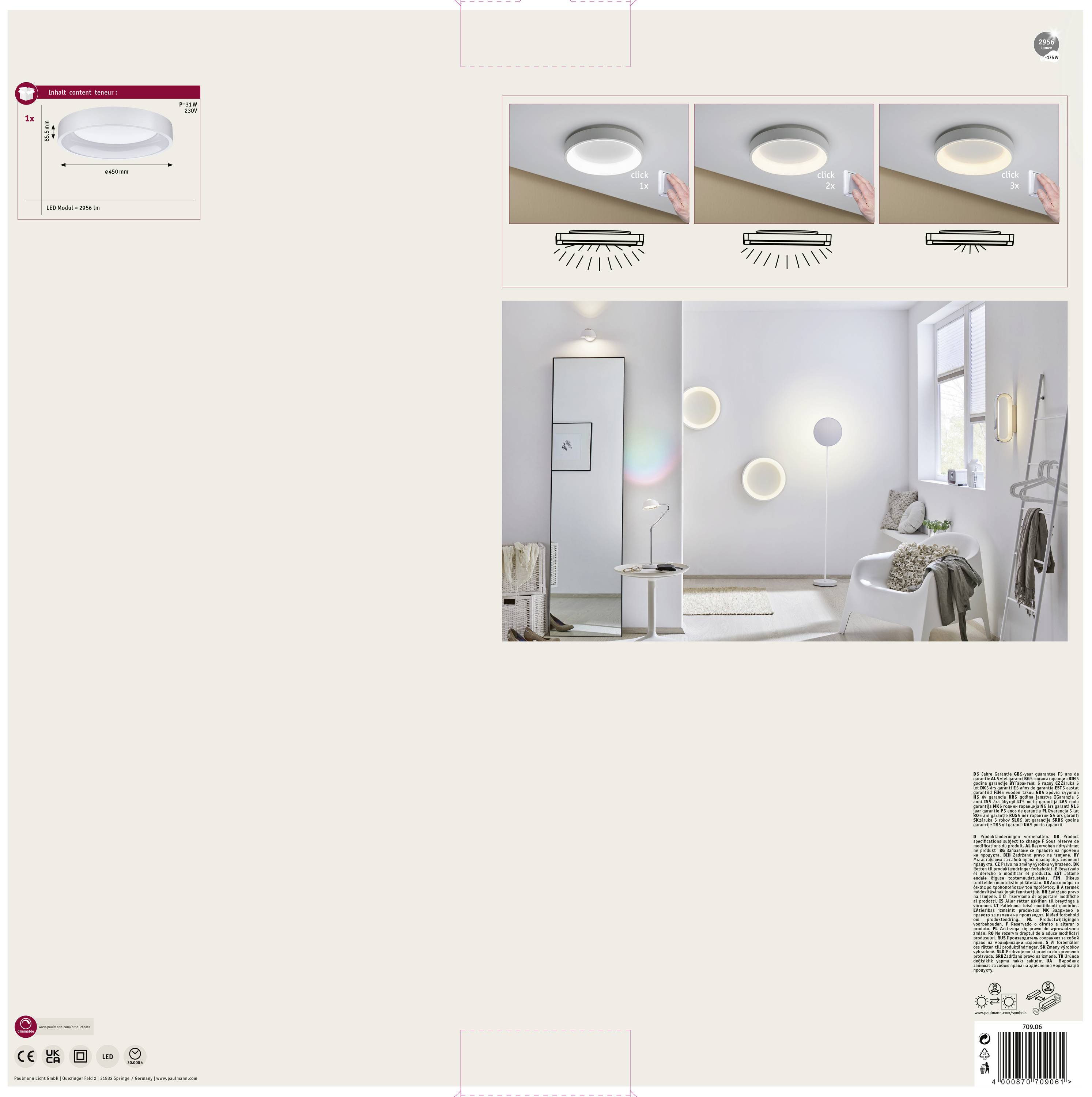 Mehrere Bilder einer Deckenleuchte mit verschiedenen Helligkeitsstufen und einem modernen Wohnzimmer. Links oben Diagramm der Lichtfarbe.