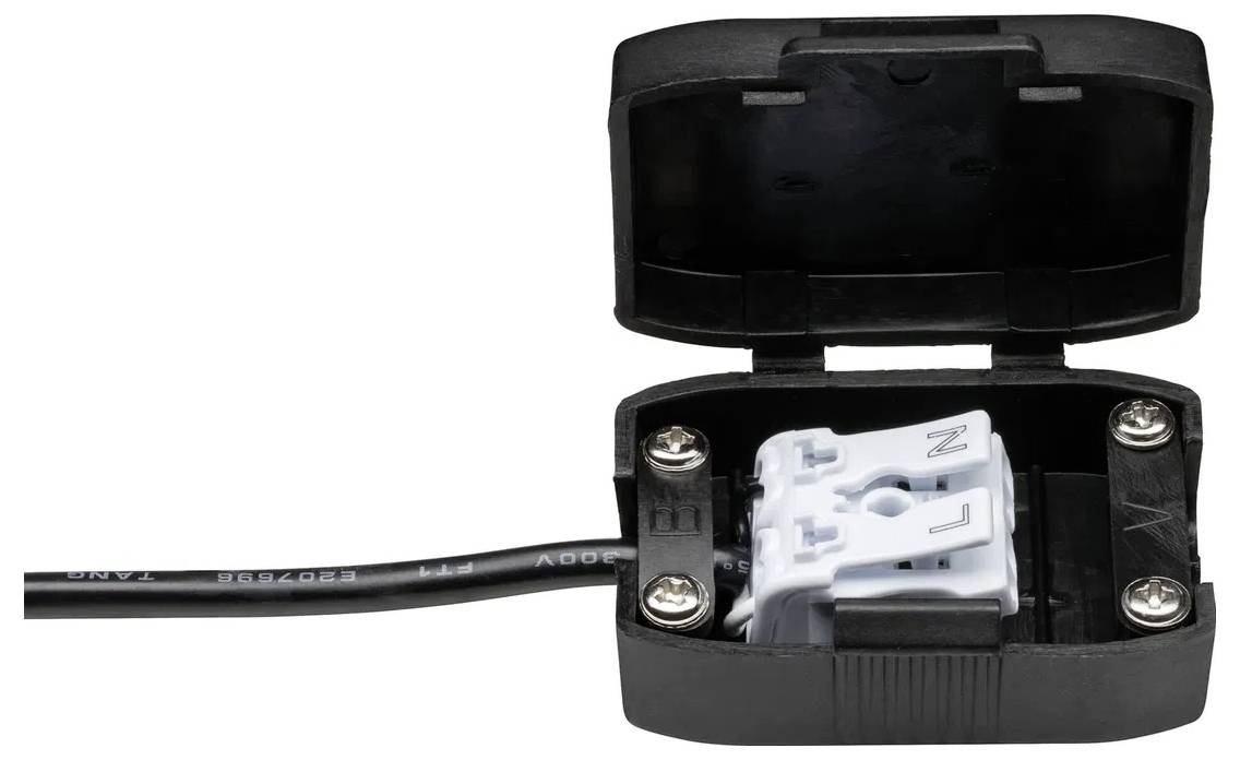 Eine schwarze, geöffnete Anschlussdose mit Kabel, die interne Verkabelung zeigt. Sie dient zur Verbindung elektrischer Leitungen.