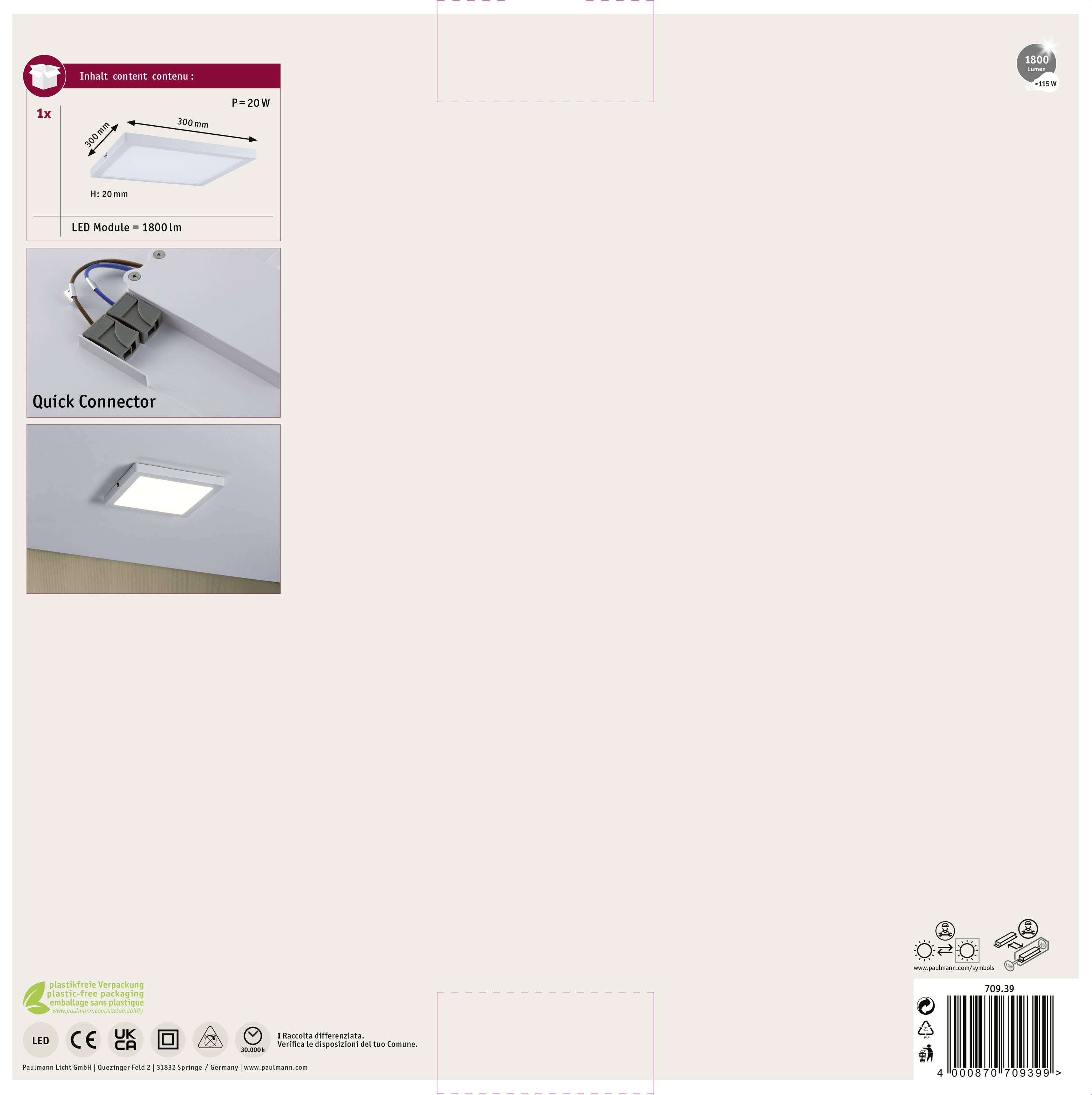 Verpackung für eine LED-Deckenleuchte. Zeigt Produktabbildung, 'Quick Connector' und Energiesparinformationen.