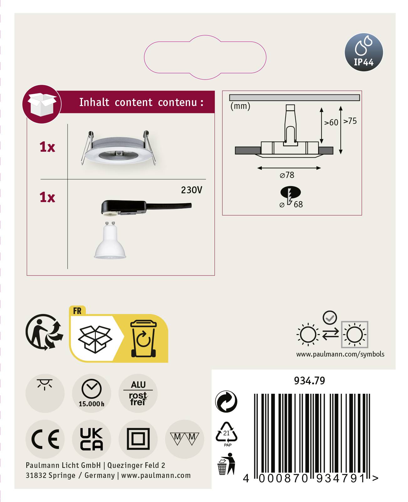 'Deckeneinbauleuchte', zeigt Abmessungen, elektrischen Anschluss (230V) und Schutzart (IP44). Verpackungsinhalt: 1 Leuchte, 1 Anschluss.