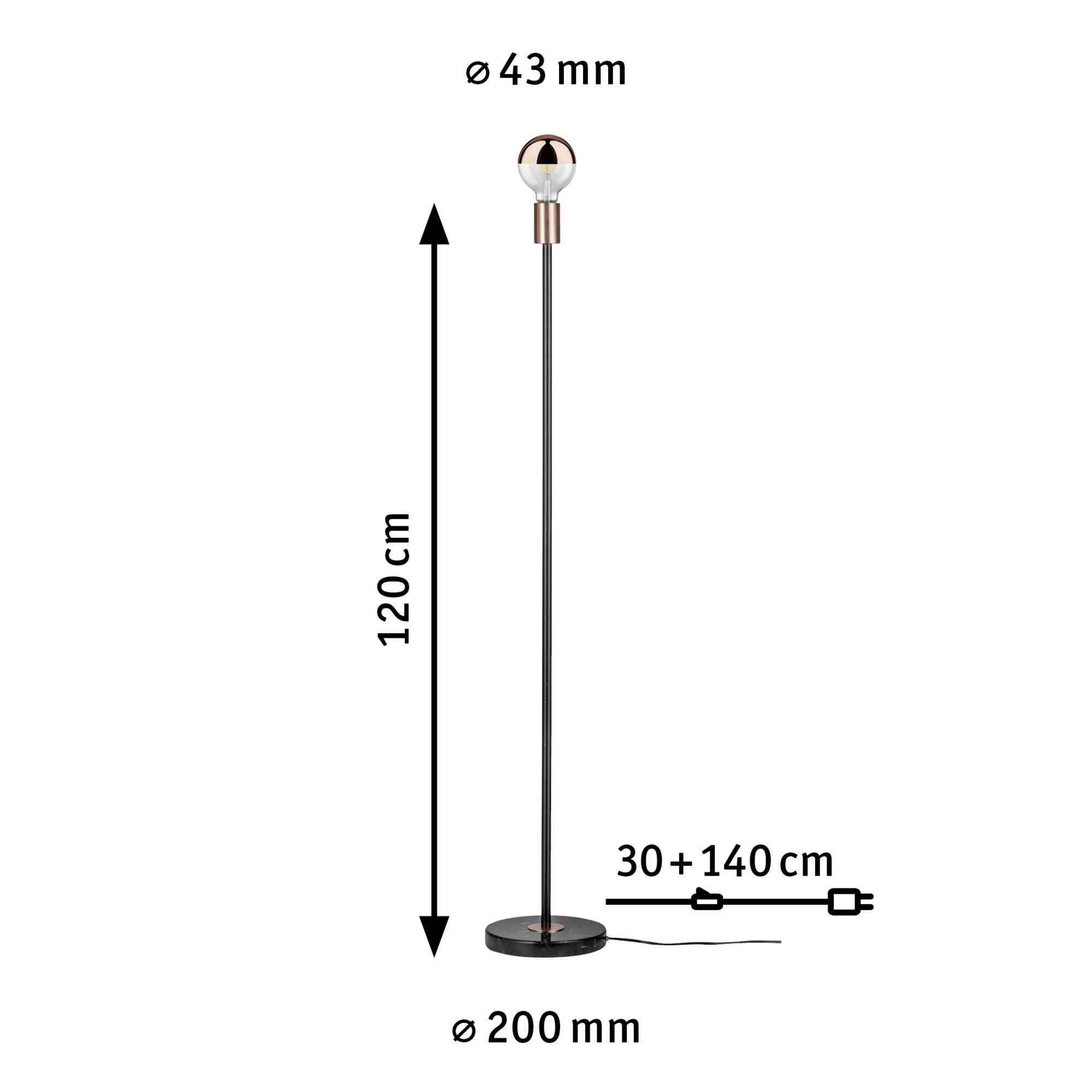 Stehleuchte mit schwarzem Stab, Höhe 120 cm, Rundfuß Durchmesser 200 mm, Lampenkopf Durchmesser 43 mm, Kabel 30 + 140 cm.