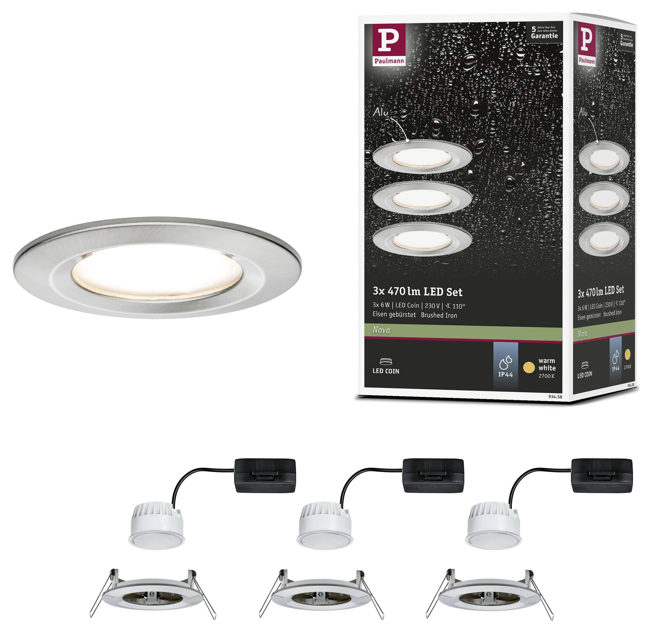 LED-Einbauspot-Set mit drei runden Leuchten, Edelstahloptik. Energiesparend, warmweißes Licht, 470 Lumen pro Leuchte. IP44, dimmbar.