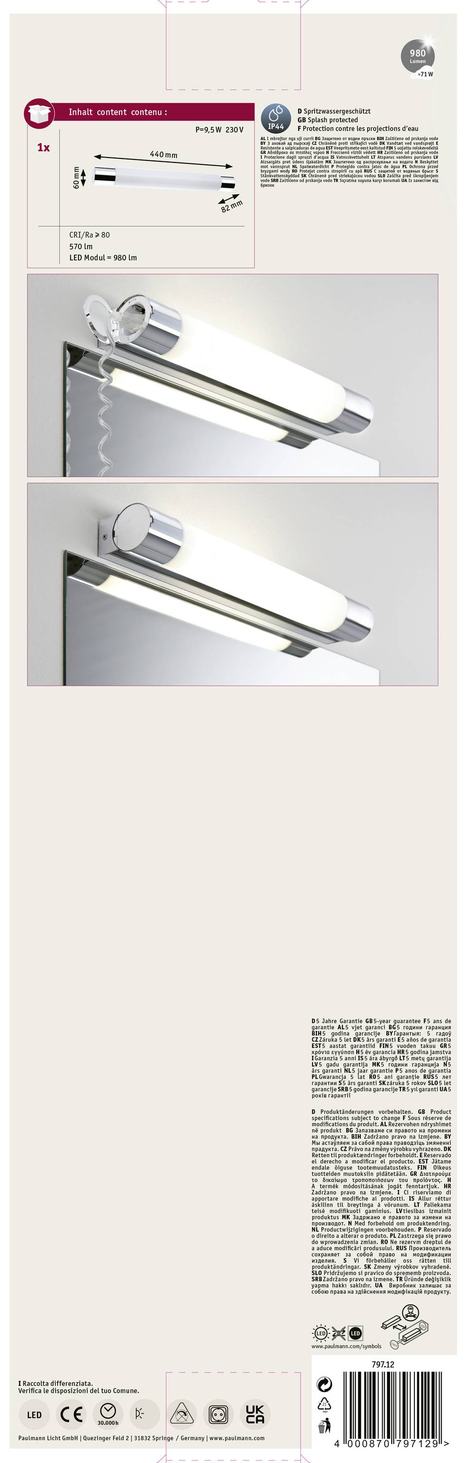 Die Verpackung zeigt eine LED-Wandleuchte für Spiegel mit weißen und chromfarbenen Details. Oben Produktinformationen und Text in verschiedenen Sprachen.