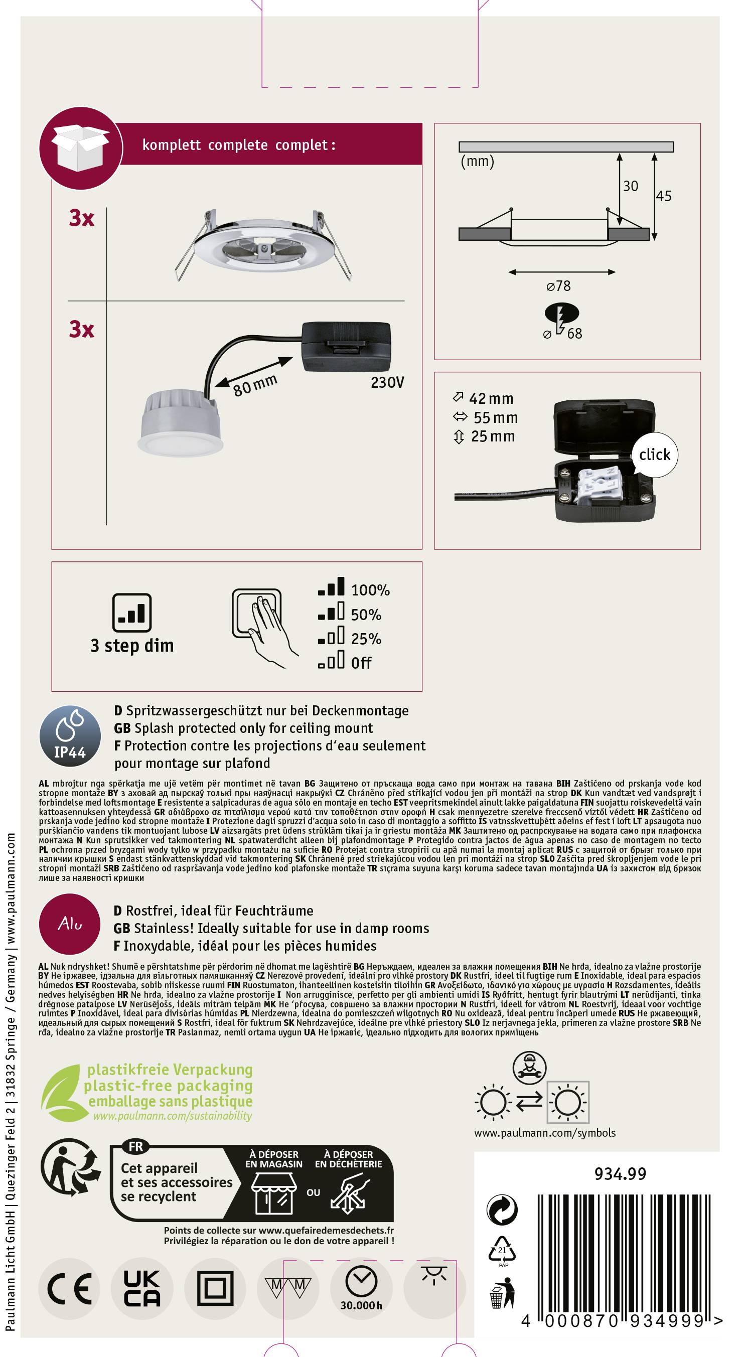 Verpackungsrückseite mit Produktinformationen einer LED-Leuchte. Beinhaltet Installationsanleitung, technische Daten, Symbole für dimmbare Stufen und Länderkarten.